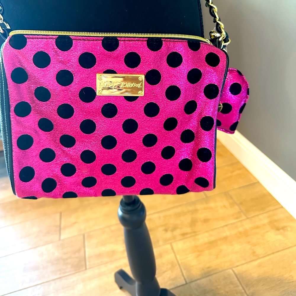 Betsey Johnson pink polka dot crossbody purse NWOT